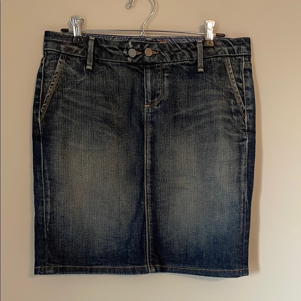 Paige denim skirt with embroidered back pockets, size 29